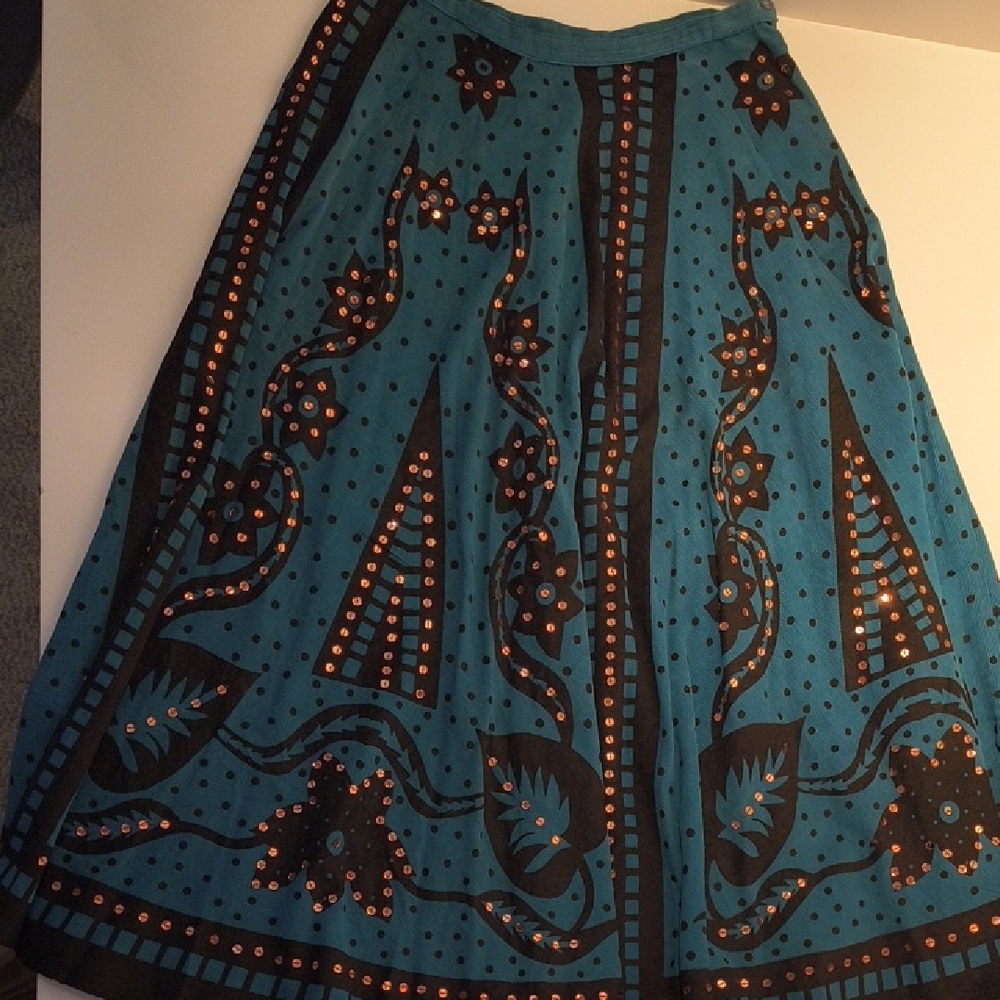 Mlle Gabrielle Teal and Black Full Skirt Corduroy Midi Medium Boho Sequins
